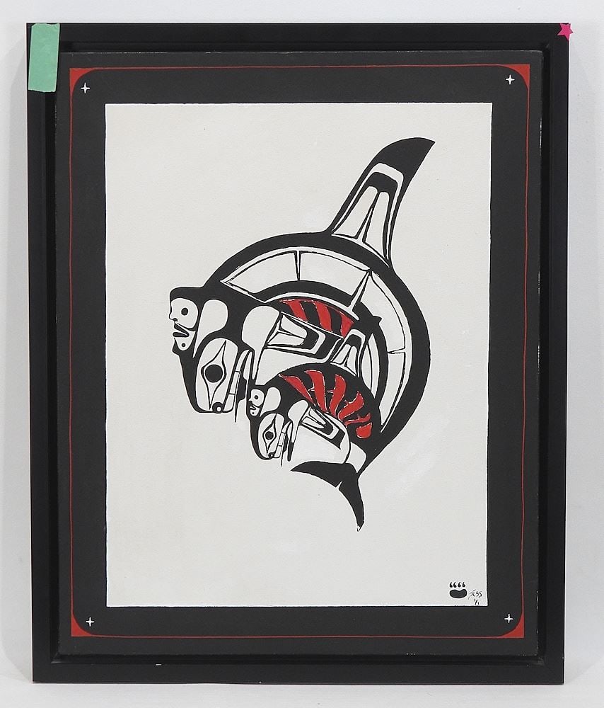 Northwest Coast Oil on Canvas Monogrammed JR'95, 20 x 16" "Two Killer Whales".: Northwest Coast Oil on Canvas Monogrammed JR'95, 20 x 16" "Two Killer Whales".