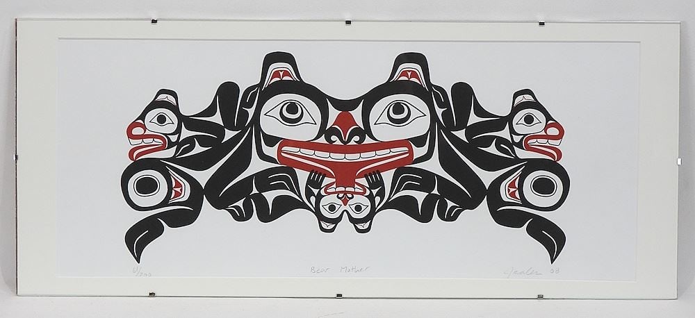 Northwest Coast Serigraph signed Jaalen (Edenshaw), 8 1/4 x 20 1/2" "Bear Mother" #61/200.: Northwest Coast Serigraph signed Jaalen (Edenshaw), 8 1/4 x 20 1/2" "Bear Mother" #61/200.