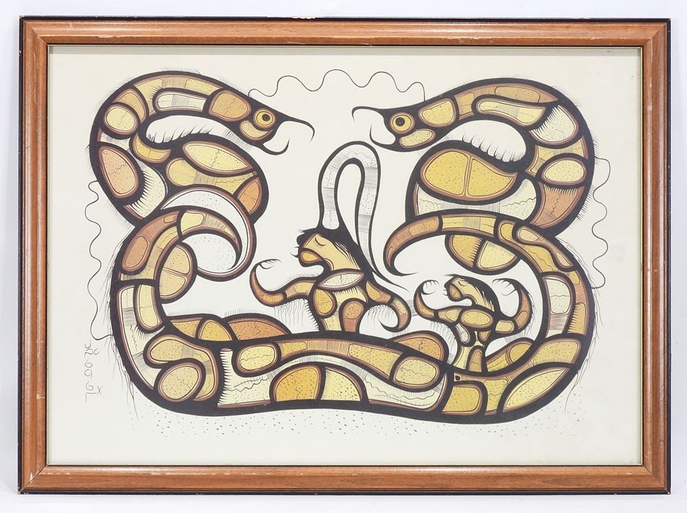 Woodlands Colour Print signed Joshim Kakeqamic in Syllabics, 15 x 21 1/4" "Snake Spirits".: Woodlands Colour Print signed Joshim Kakeqamic in Syllabics, 15 x 21 1/4" "Snake Spirits".