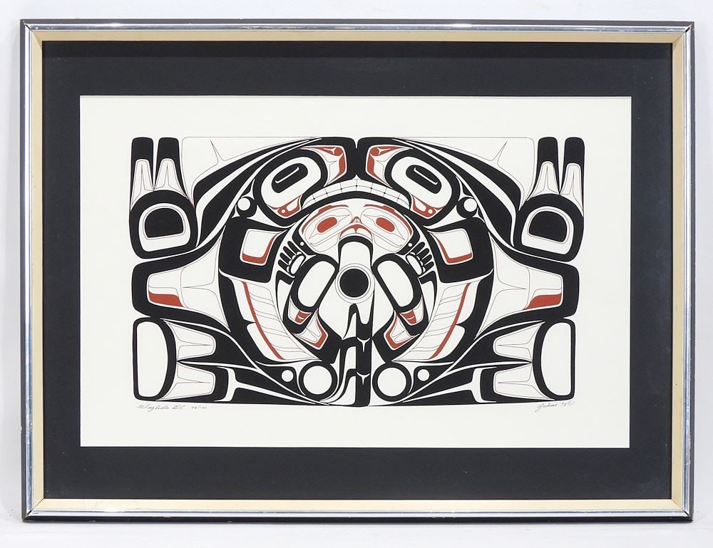 Northwest Coast Serigraph signed Yukme '75, 12 1/4 x 19 1/4" "Waglisla BC" #46/100.: Northwest Coast Serigraph signed Yukme '75, 12 1/4 x 19 1/4" "Waglisla BC" #46/100.