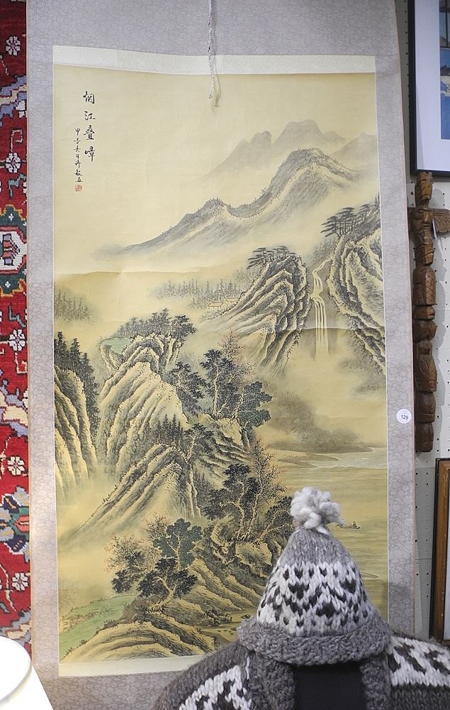 Chinese Ink & Colour on Silk, 46 1/2 x 26", "Mountainous Village".: Chinese Ink & Colour on Silk, 46 1/2 x 26", "Mountainous Village".