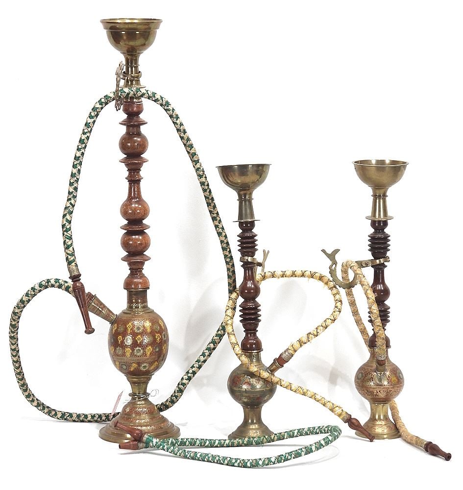 Three Brass Hookah Pipes, 14 3/4 - 22 3/4"h.: Three Brass Hookah Pipes, 14 3/4 - 22 3/4"h.