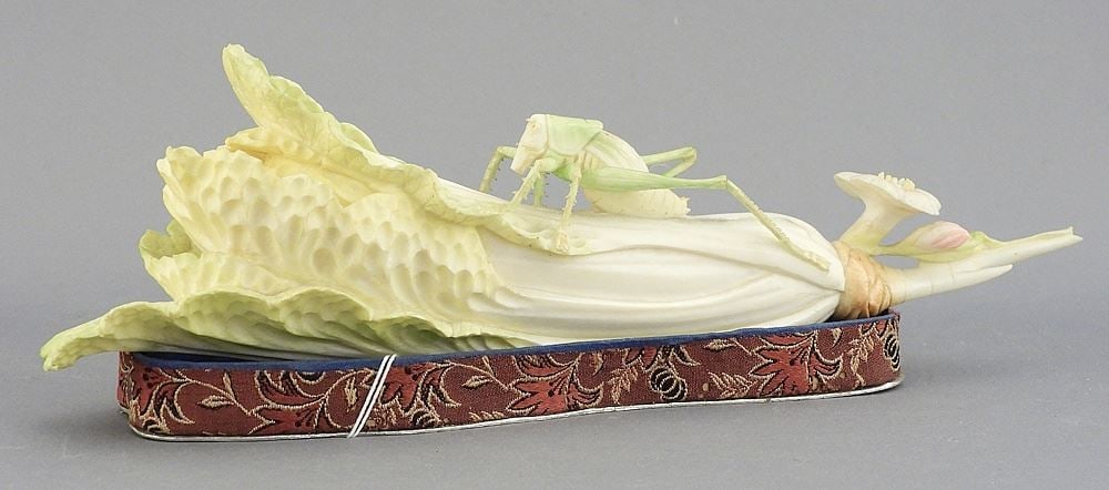 Japanese Grasshopper & Celery Carving with Silk Stand, 8 1/2"L, CDN BIDDERS ONLY.: Japanese Grasshopper & Celery Carving with Silk Stand, 8 1/2"L, CDN BIDDERS ONLY.