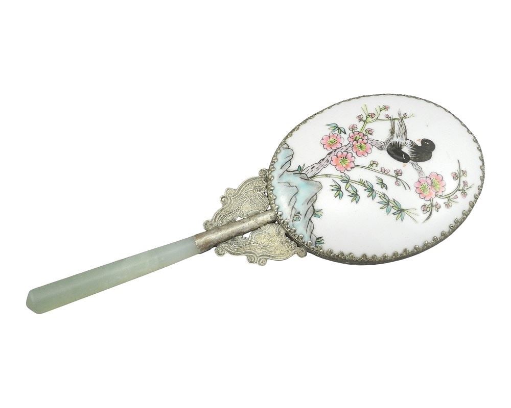 Chinese Porcelain Hand Mirror with Green Softstone Handle, 9 3/4"L.: Chinese Porcelain Hand Mirror with Green Softstone Handle, 9 3/4"L.