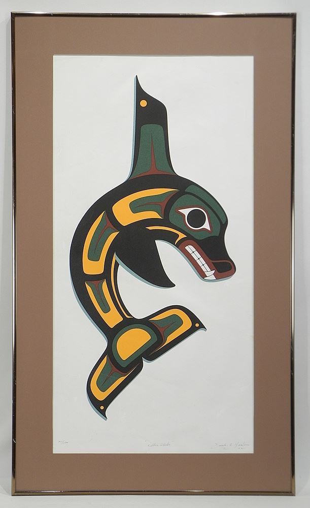 Northwest Coast Serigraph signed Dozek C. Heaton, 28 1/4 x 14 1/4", " Killer Whale" #101/170.: Northwest Coast Serigraph signed Dozek C. Heaton, 28 1/4 x 14 1/4", " Killer Whale" #101/170.