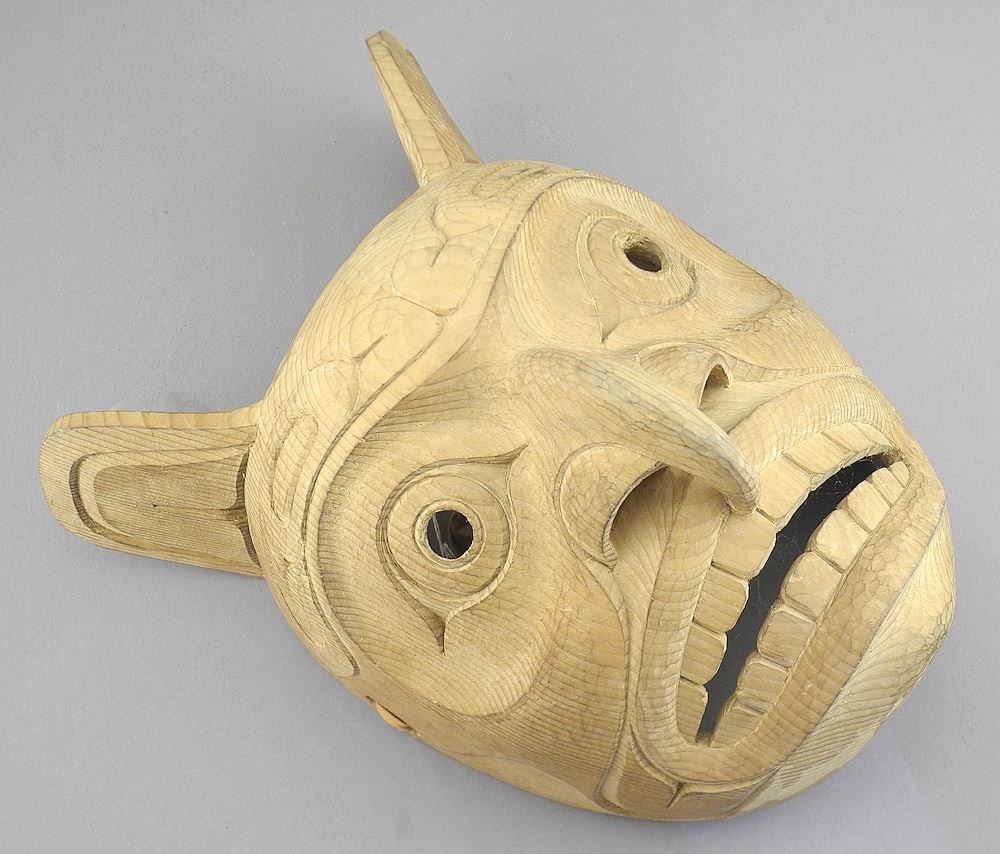 Northwest Coast Style "Hawk" Mask signed Paul Johnny, 10"h (repaired).: Northwest Coast Style "Hawk" Mask signed Paul Johnny, 10"h (repaired).