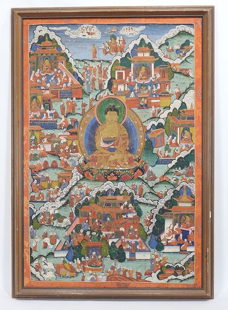 Old Tibetan Thangka, 35 x 23" "Monks & Levels of Heaven".: Old Tibetan Thangka, 35 x 23" "Monks & Levels of Heaven".