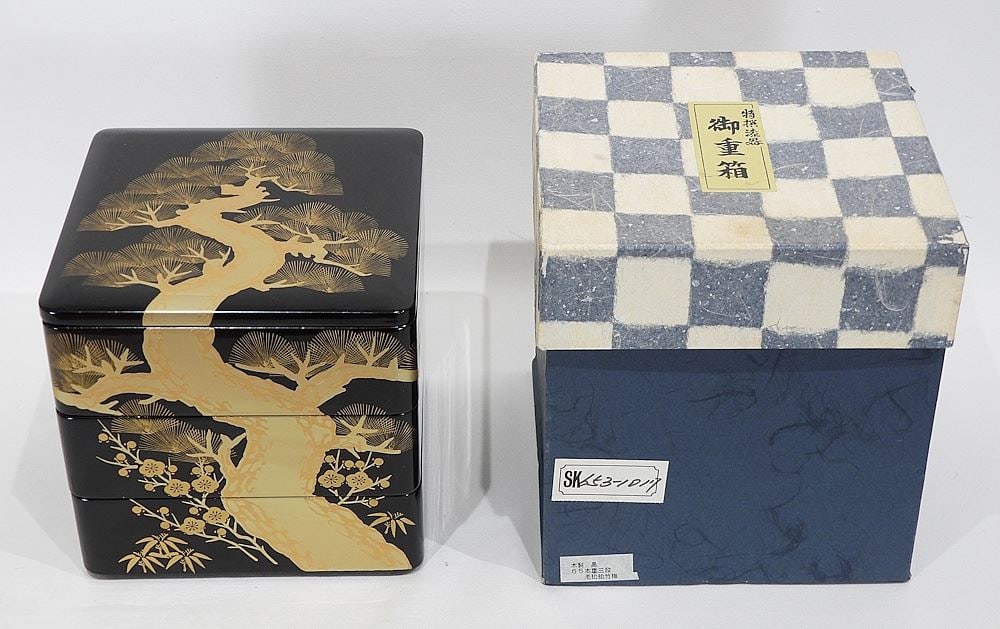 Japanese Lacquer Tiered Box with Original Box, 7 1/2"h.: Japanese Lacquer Tiered Box with Original Box, 7 1/2"h.