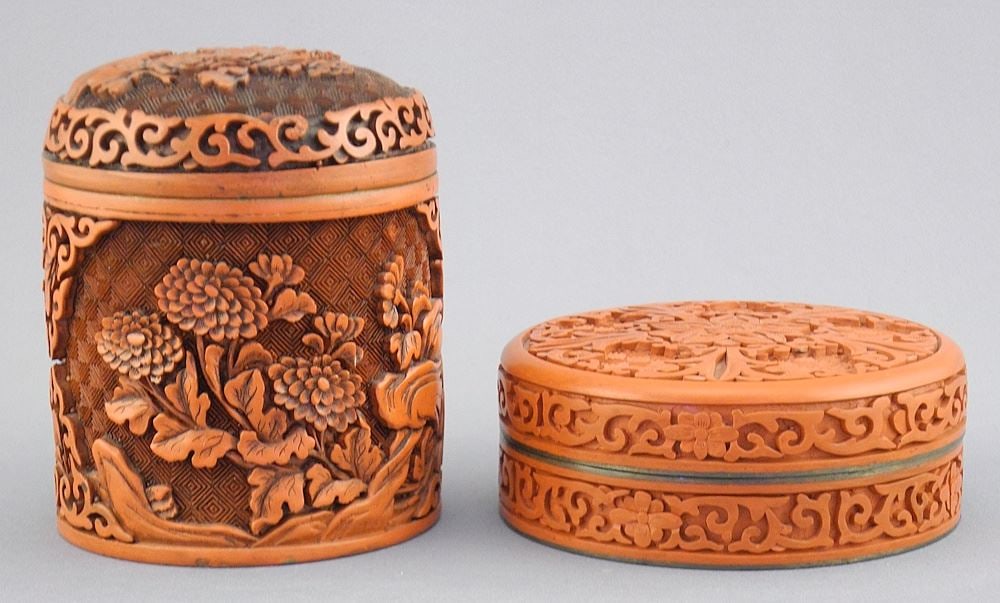 Two Cinnabar Lacquer Boxes: Round & Cigarette, 6 1/4"h.: Two Cinnabar Lacquer Boxes: Round & Cigarette, 6 1/4"h.