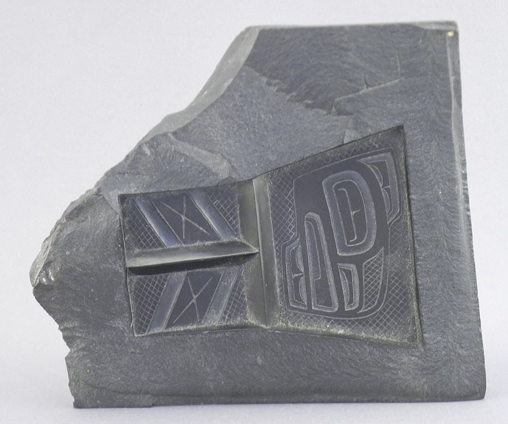 Haida Argillite "Copper" Plaque Monogrammed JTG, 5 3/8 x 4 3/4 x 1 1/4".: Haida Argillite "Copper" Plaque Monogrammed JTG, 5 3/8 x 4 3/4 x 1 1/4".