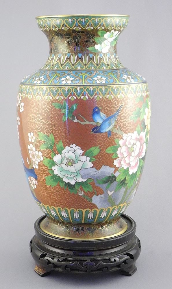 Jingfa Rust Ground Chinese Cloisonne Vase (9 7/8"L) with Stand.: Jingfa Rust Ground Chinese Cloisonne Vase (9 7/8"L) with Stand.