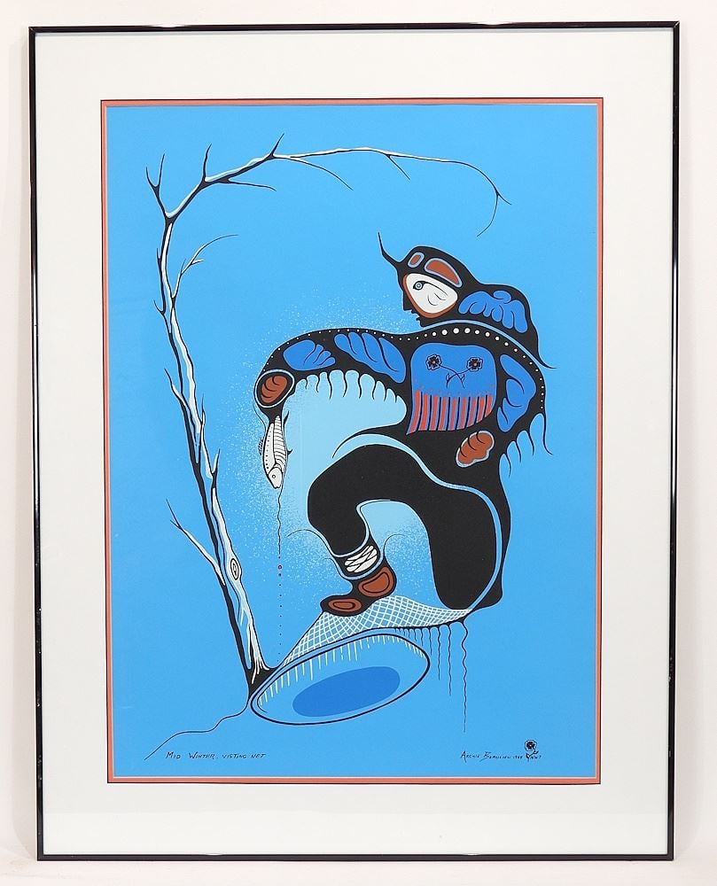 Serigraph by Archie Beaulieu, 27 x 19 1/4" "Mid Winter Visiting Net".: Serigraph by Archie Beaulieu, 27 x 19 1/4" "Mid Winter Visiting Net".