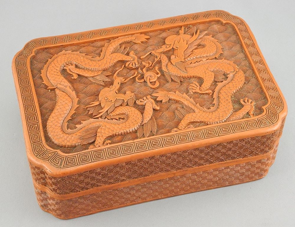 Chinese Cinnabar Lacquer "Dragons" Box, 8 3/4"w.: Chinese Cinnabar Lacquer "Dragons" Box, 8 3/4"w.