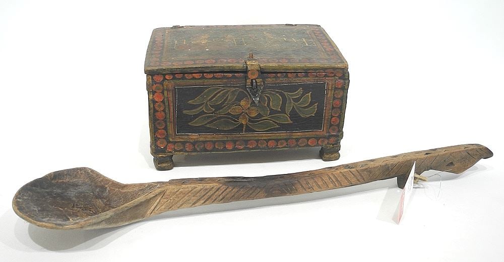 South Asian Polychrome Wood Box Containing Sundries with Wood Spoon, 21 1/2"L.: South Asian Polychrome Wood Box Containing Sundries with Wood Spoon, 21 1/2"L.