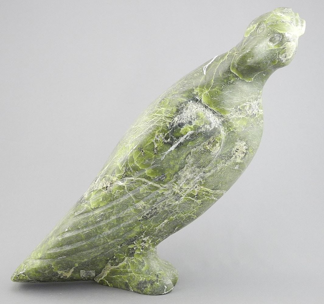 Inuit Green Stone Bird Figure Attributed to Johnny T., 10"h.: Inuit Green Stone Bird Figure Attributed to Johnny T., 10"h.