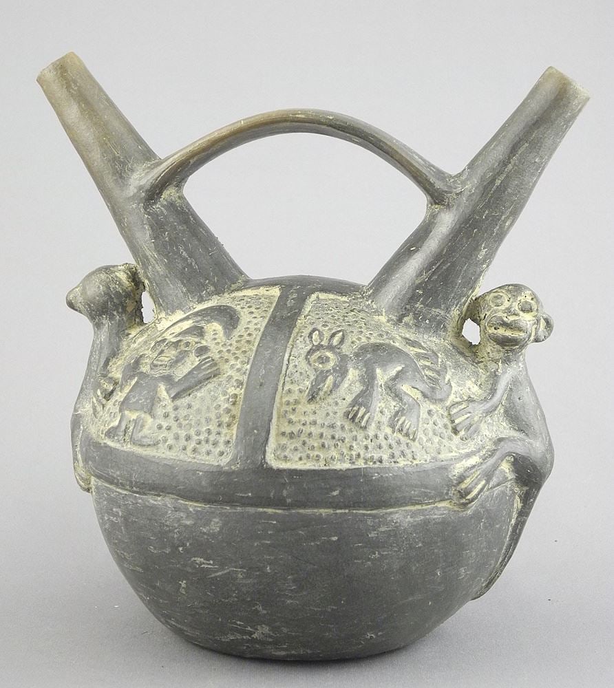 Pre-Columbian-Style Pottery Double Spouted Vessel, 6 3/4"h.: Pre-Columbian-Style Pottery Double Spouted Vessel, 6 3/4"h.