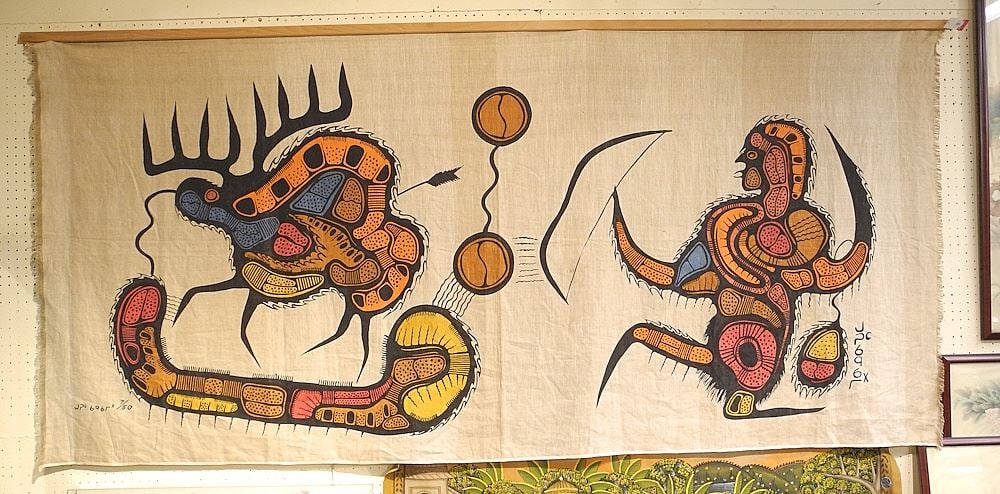 Silkscreen Panel signed Joshim Kakegamic, Approximately 51 x 100", "Moose Hunter" #7/50.: Silkscreen Panel signed Joshim Kakegamic, Approximately 51 x 100", "Moose Hunter" #7/50.