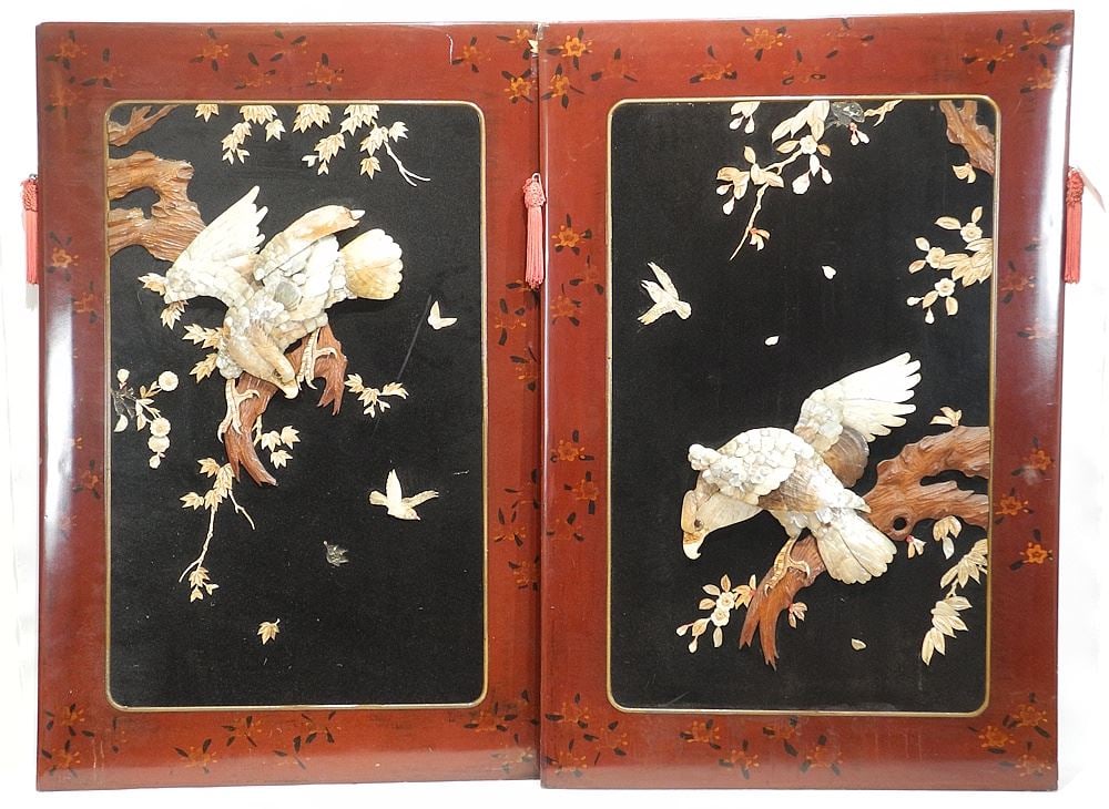 Pair of Japanese Shibayama & Lacquer Panels, 40 x 27" (losses noted), CANADIAN BIDDERS ONLY.: Pair of Japanese Shibayama & Lacquer Panels, 40 x 27" (losses noted), CANADIAN BIDDERS ONLY.