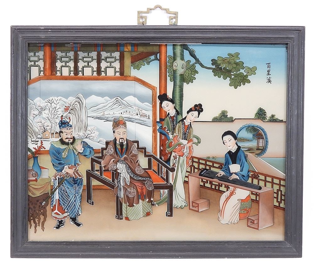 Chinese Reverse Painting on Glass, 17 5/8 x 23 1/4" "Musical Audience".: Chinese Reverse Painting on Glass, 17 5/8 x 23 1/4" "Musical Audience".