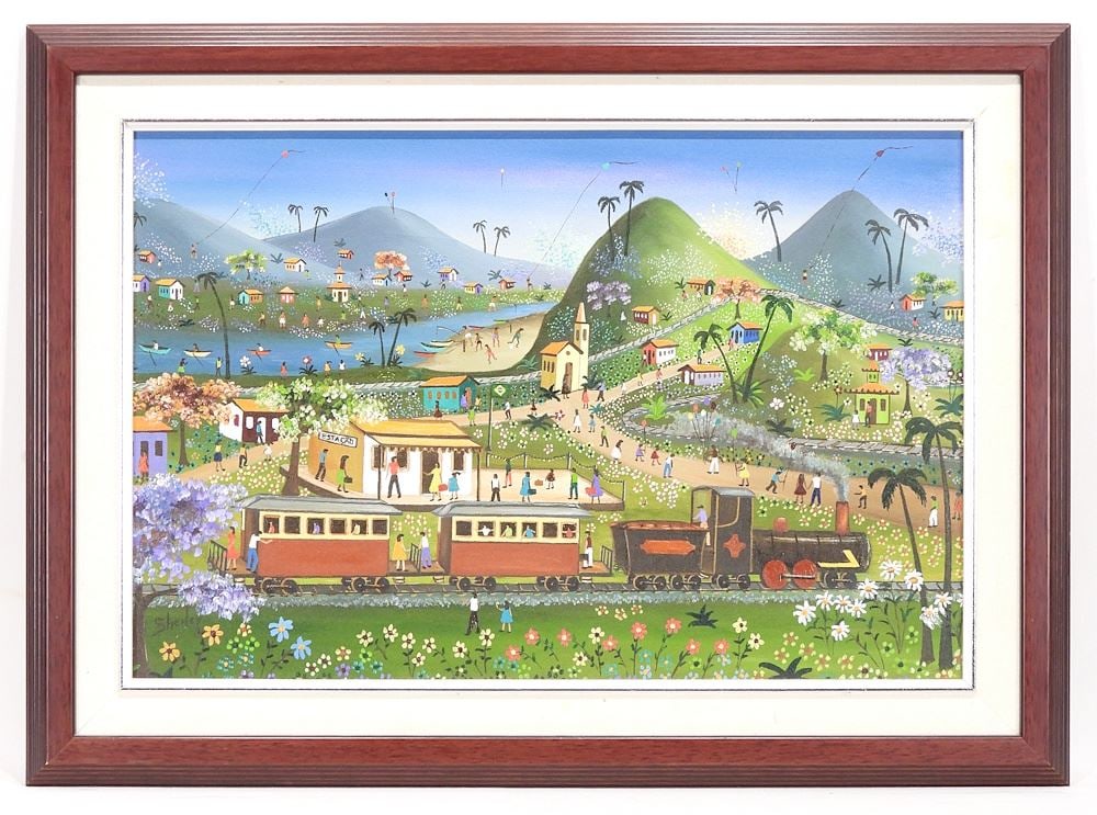 Folk Art Oil on Canvas signed Sherley, 15 1/2 x 23", "Festive Landscape w/Train".: Folk Art Oil on Canvas signed Sherley, 15 1/2 x 23", "Festive Landscape w/Train".