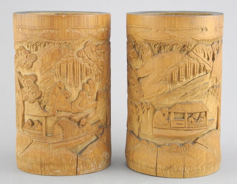 Pair of Chinese Bamboo Brush Pots, 5" h.: Pair of Chinese Bamboo Brush Pots, 5" h.