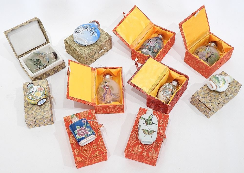 Collection of 10 Chinese Reverse Painted & Porcelain Snuff Bottles, 3 - 3 1/4"h.: Collection of 10 Chinese Reverse Painted & Porcelain Snuff Bottles, 3 - 3 1/4"h.