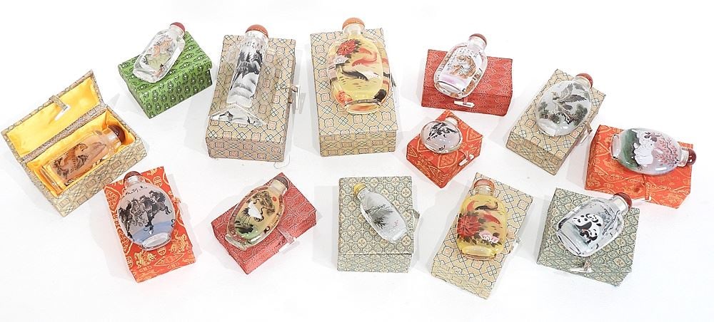 Collection of 13 Chinese Reverse Painted Glass Snuff Bottles, 2 - 4 7/8"h.: Collection of 13 Chinese Reverse Painted Glass Snuff Bottles, 2 - 4 7/8"h.