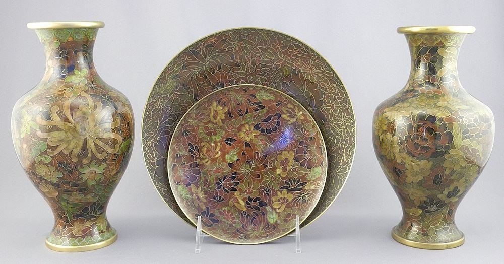 Four Ochre Ground Chinese Cloisonne Wares: Pair of Vases/Two Dishes, 8 1/4"h. (1 of 3)
