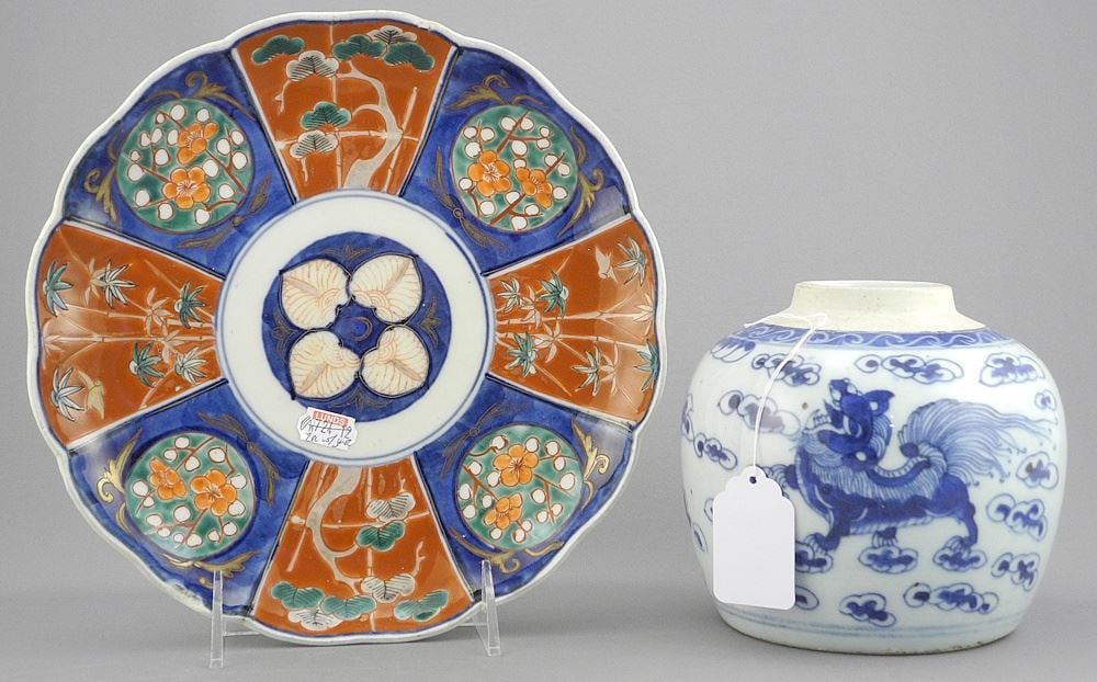 Chinese Blue & White Porcelain Jar (4 7/8"h) with Imari Dish, 18 7/8" Diam. (chipped).: Chinese Blue & White Porcelain Jar (4 7/8"h) with Imari Dish, 18 7/8" Diam. (chipped).