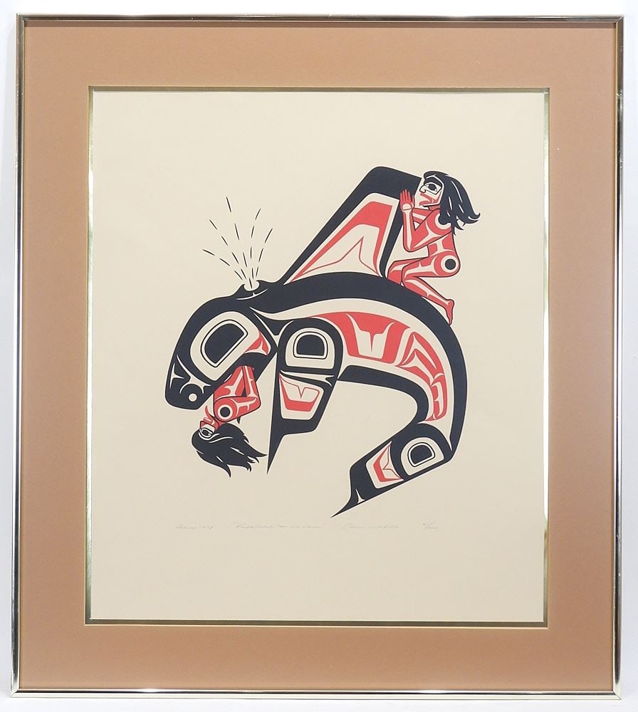 Serigraph signed Clarence Wells, 21 x 18", "Killer Whale, Man & Woman" #181/200.: Serigraph signed Clarence Wells, 21 x 18", "Killer Whale, Man & Woman" #181/200.