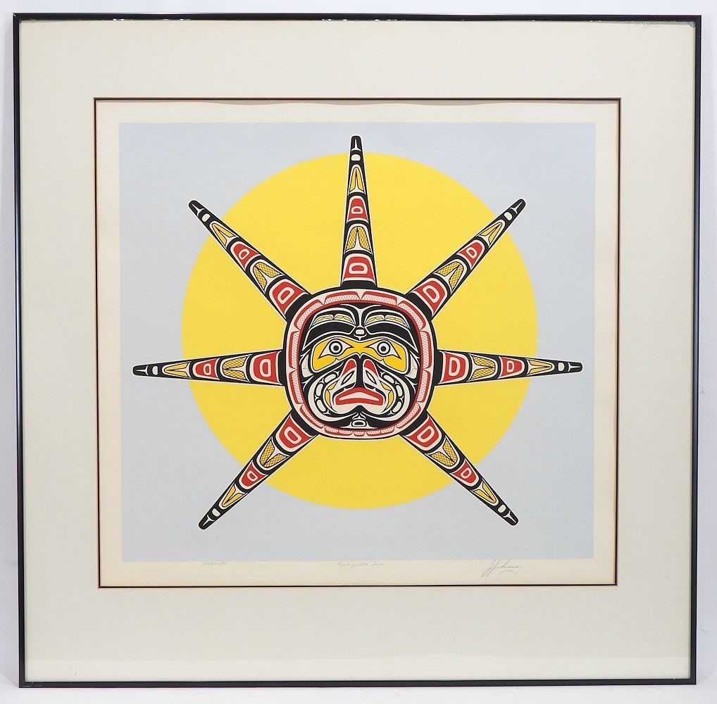 Kwagiulth Serigraph signed J. (Jim) Johnny, 21 1/4 x 22 3/4" "Kwagiulth Sun" #501/1000/79.: Kwagiulth Serigraph signed J. (Jim) Johnny, 21 1/4 x 22 3/4" "Kwagiulth Sun" #501/1000/79.