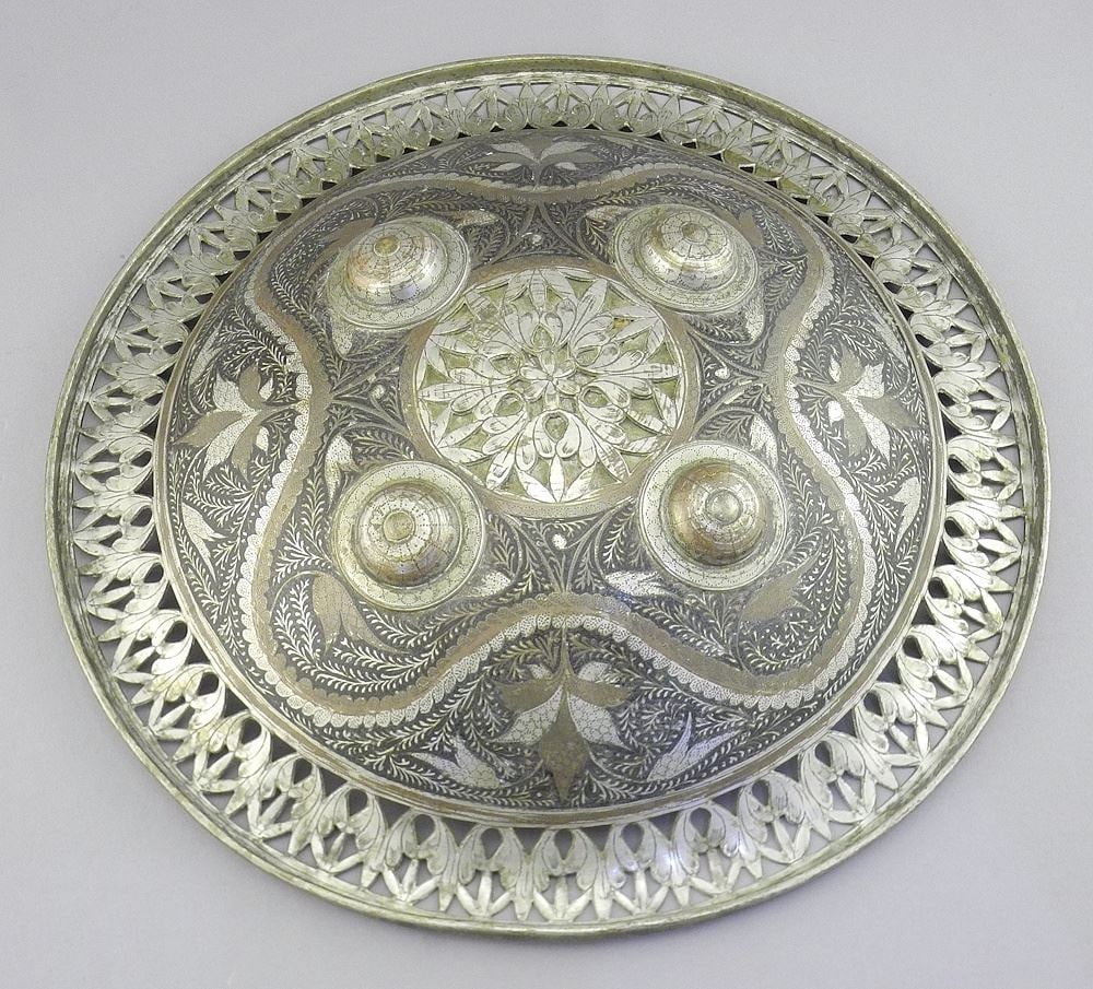 Late 19th C. Persian Kadjar Damascened Steel, 10 7/8" Diameter.: Late 19th C. Persian Kadjar Damascened Steel, 10 7/8" Diameter.