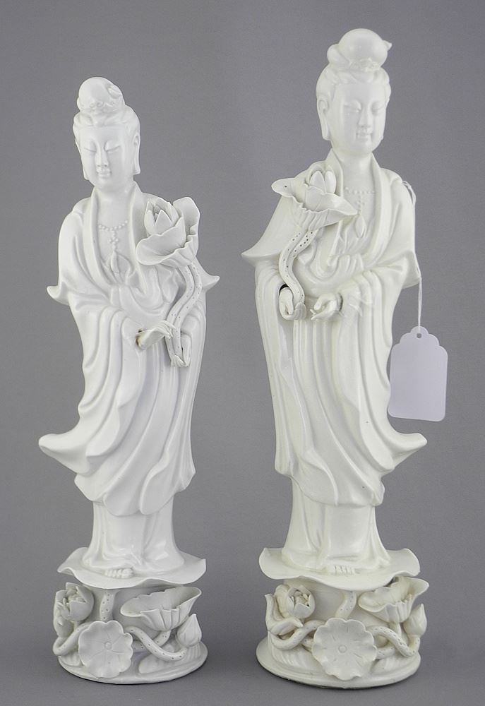 Two Blanc de Chine Porcelain Figures of Guan Yin, 11 3/4 x 13"h.: Two Blanc de Chine Porcelain Figures of Guan Yin, 11 3/4 x 13"h.