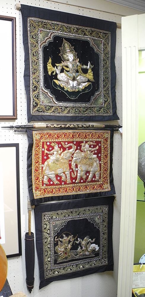 Three Cambodian Kalaga Panels, Largest 25 x 26" with Laotian Parasol (25"L) with Trays.: Three Cambodian Kalaga Panels, Largest 25 x 26" with Laotian Parasol (25"L) with Trays.