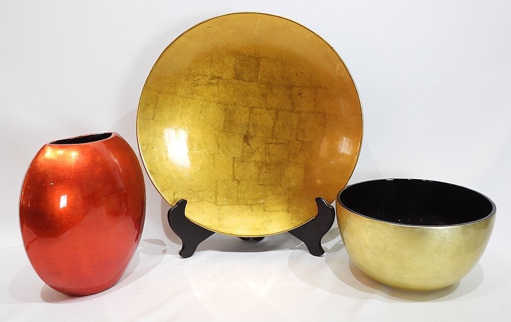 Three Vietnamese Lacquer Wares: Vase /Bowl/Dish with Stand, Vase 9 3/4"h.: Three Vietnamese Lacquer Wares: Vase /Bowl/Dish with Stand, Vase 9 3/4"h.