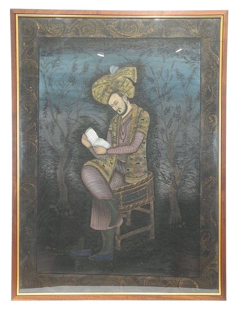 C.1860 Mixed Media on Silk "Babar The First Mughal King", 44 1/4 x 32 1/2".: C.1860 Mixed Media on Silk "Babar The First Mughal King", 44 1/4 x 32 1/2".