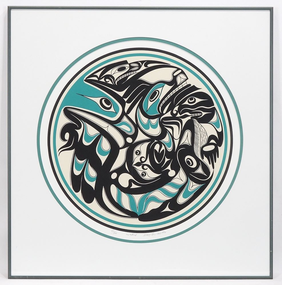 Nuu-Chah-Nulth Serigraph signed A. (Art) Thompson Dec.1992, 17 1/4" Diam. "Untitled" #67/200.: Nuu-Chah-Nulth Serigraph signed A. (Art) Thompson Dec.1992, 17 1/4" Diam. "Untitled" #67/200.