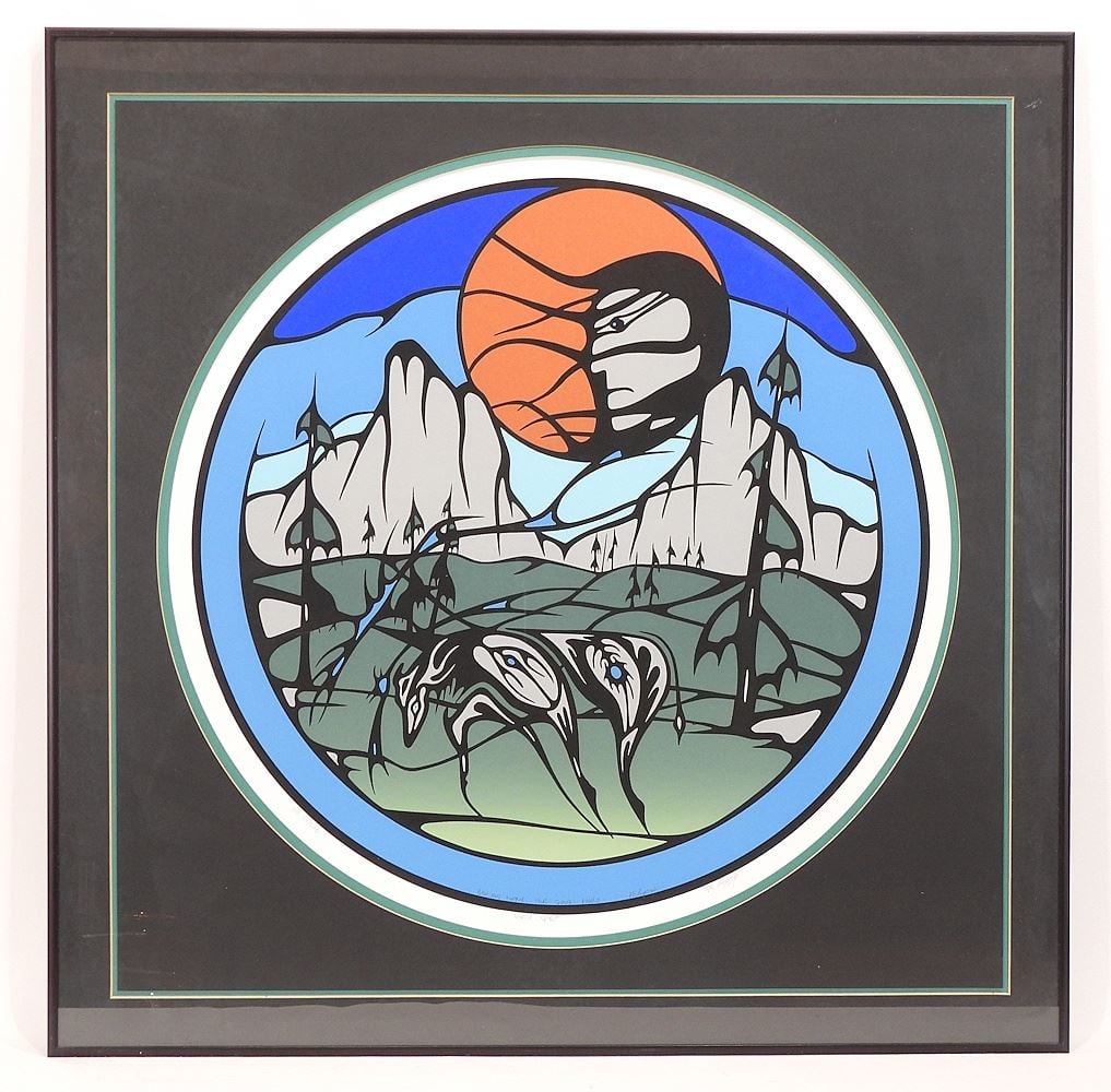 Cree Serigraph signed P. (Patrick) R. Logan, 21" Diam., "North Spirit" #21/200, Inscribed.: Cree Serigraph signed P. (Patrick) R. Logan, 21" Diam., "North Spirit" #21/200, Inscribed.