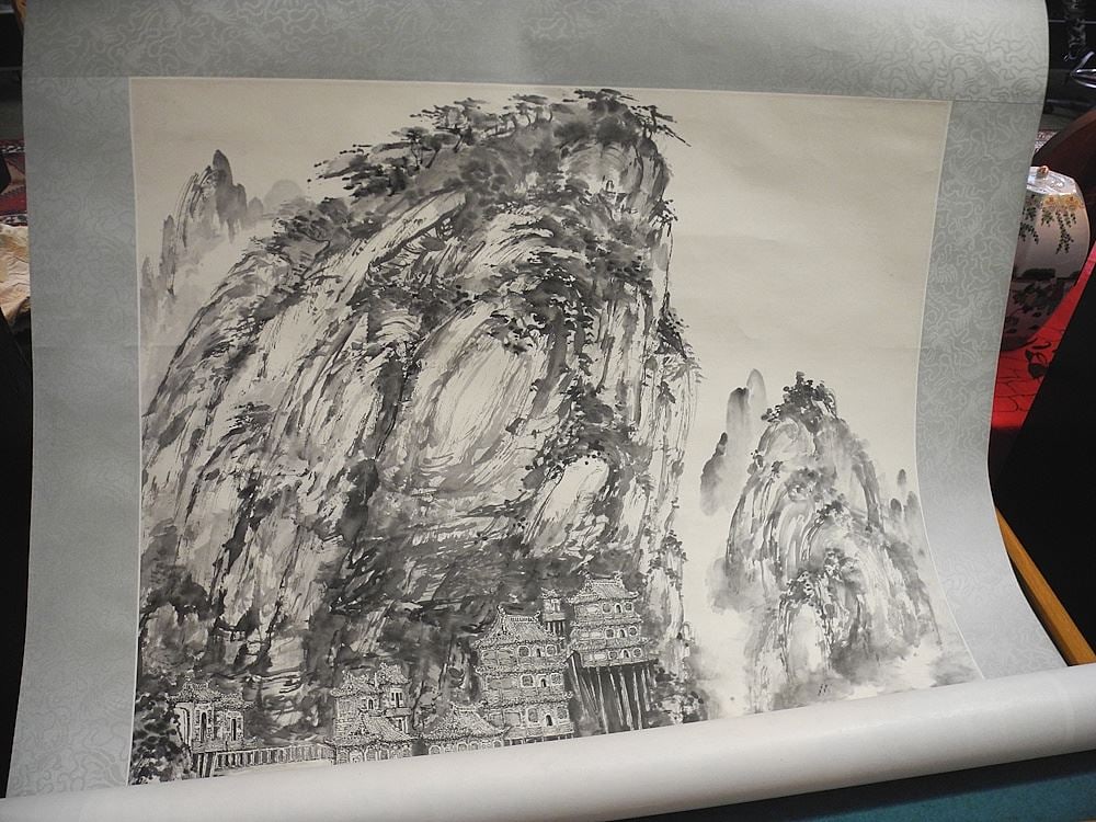 Chinese Ink Scroll, Sight 55 x 26 1/2", "Mountainous Village".: Chinese Ink Scroll, Sight 55 x 26 1/2", "Mountainous Village".