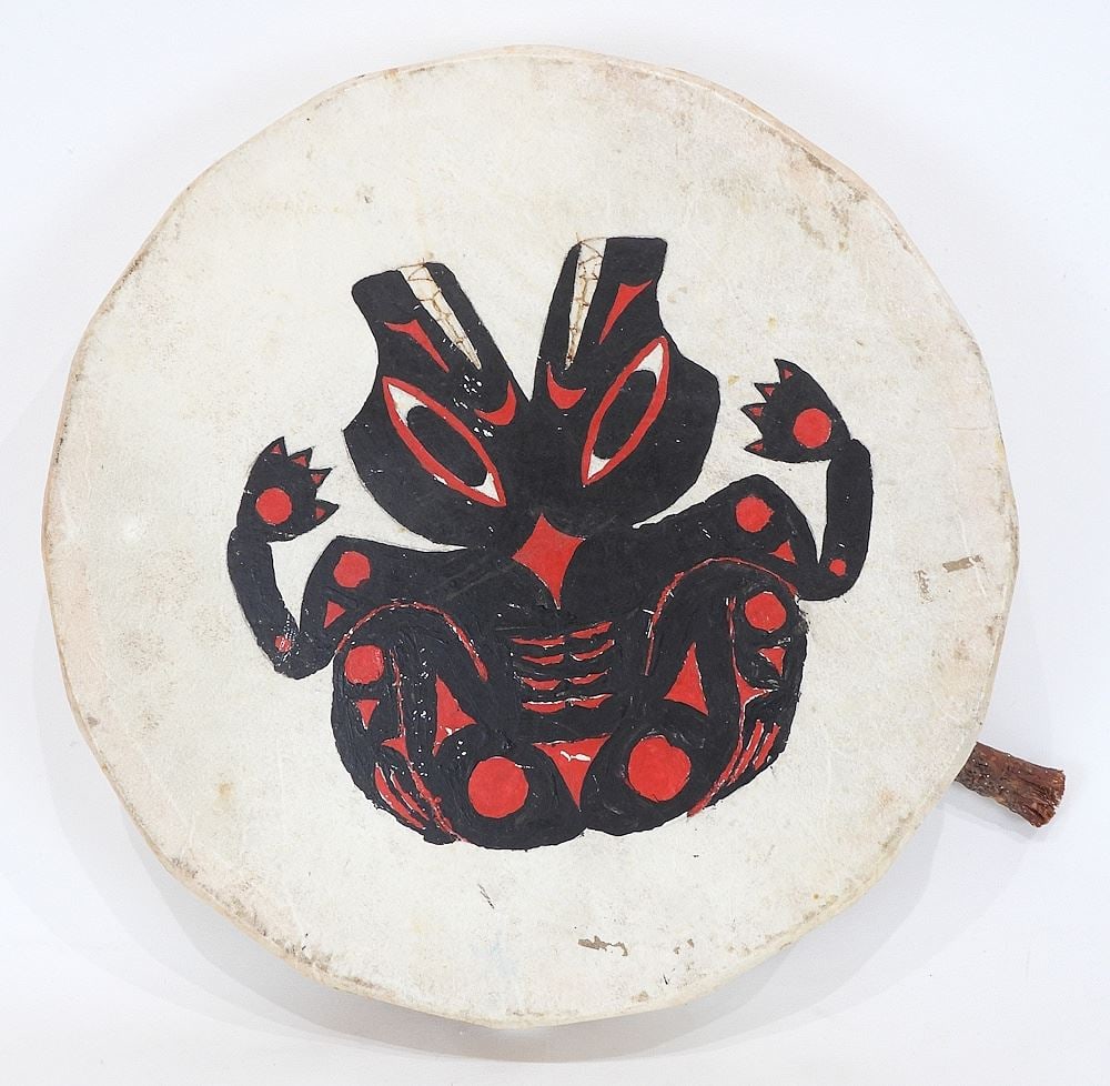 Northwest Coast Hide Drum signed Harvey Jim, 2 5/8 x 15" Diameter "Double Frog".: Northwest Coast Hide Drum signed Harvey Jim, 2 5/8 x 15" Diameter "Double Frog".