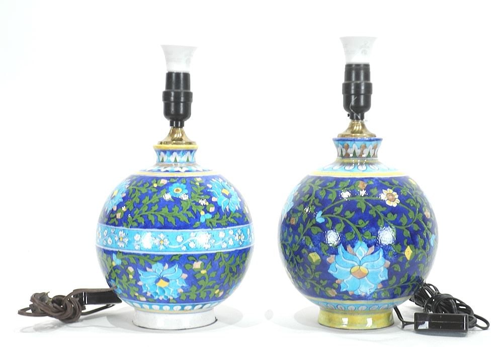 Near Pair of Blue Matka Jaipur Table Lamps, Pottery Section 9 3/8"h: Near Pair of Blue Matka Jaipur Table Lamps, Pottery Section 9 3/8"h