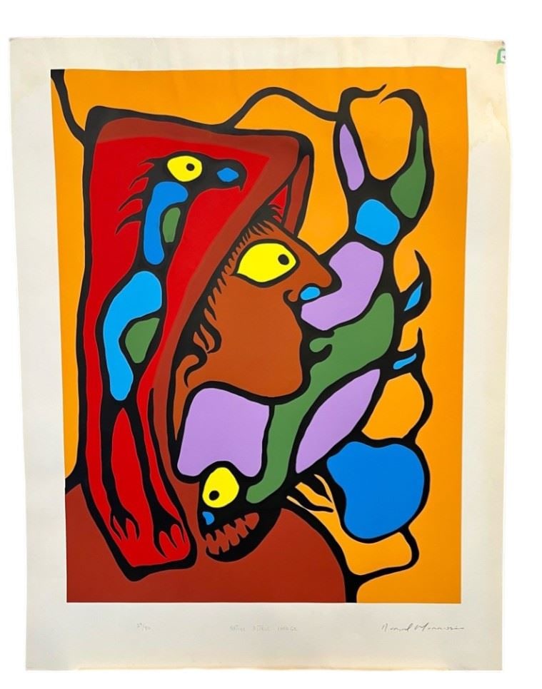 Serigraph 29/80 signed Norval Morrisseau, 30 x 23", "Native Astrul Image" (all over staining: Serigraph 29/80 signed Norval Morrisseau, 30 x 23", "Native Astrul Image" (all over staining
