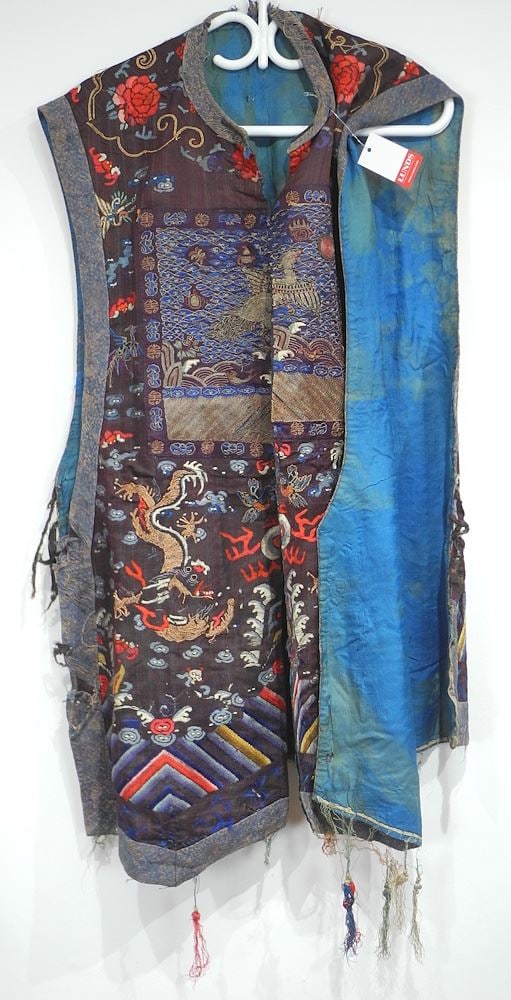 Qing Embroidery Silk Guards Robe with Rank Badges, 31"h (as found).: Qing Embroidery Silk Guards Robe with Rank Badges, 31"h (as found).
