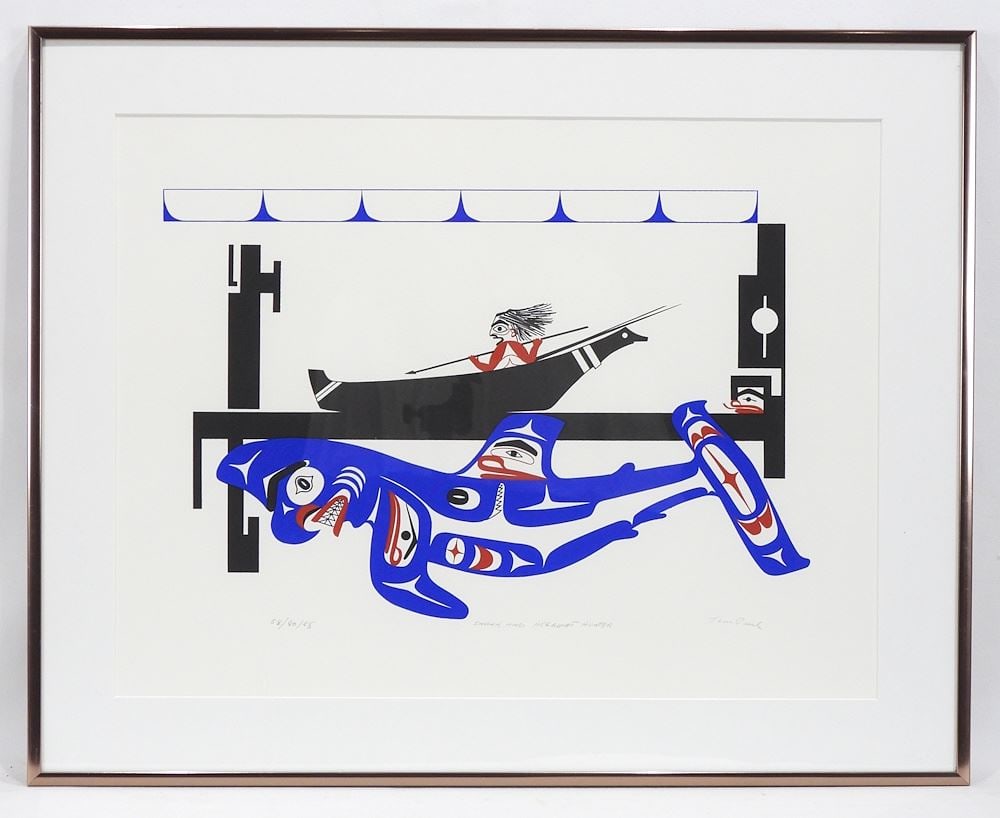 Nuu-Chah-Nulth Serigraph signed Tim Paul, 14 x 18 1/4" "Shark & Hesquiaht Hunter" #58/80/8: Nuu-Chah-Nulth Serigraph signed Tim Paul, 14 x 18 1/4" "Shark & Hesquiaht Hunter" #58/80/8