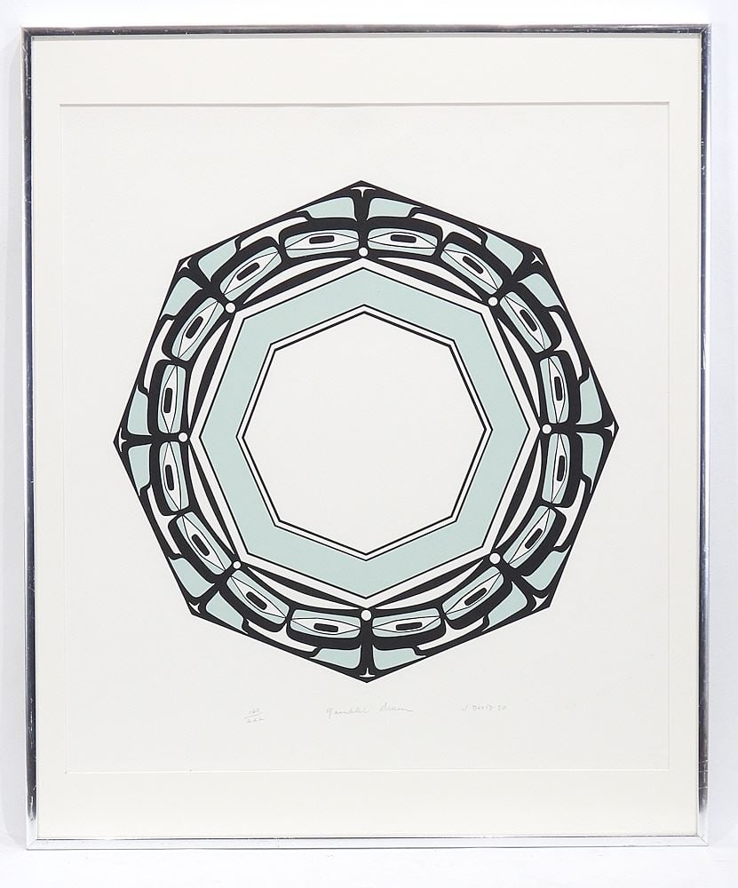 Nuu-Chah-Nulth Serigraph signed J. (Joe) David-80, 19 1/2 x 17 3/4" "Gambler Drum" #160/222.: Nuu-Chah-Nulth Serigraph signed J. (Joe) David-80, 19 1/2 x 17 3/4" "Gambler Drum" #160/222.