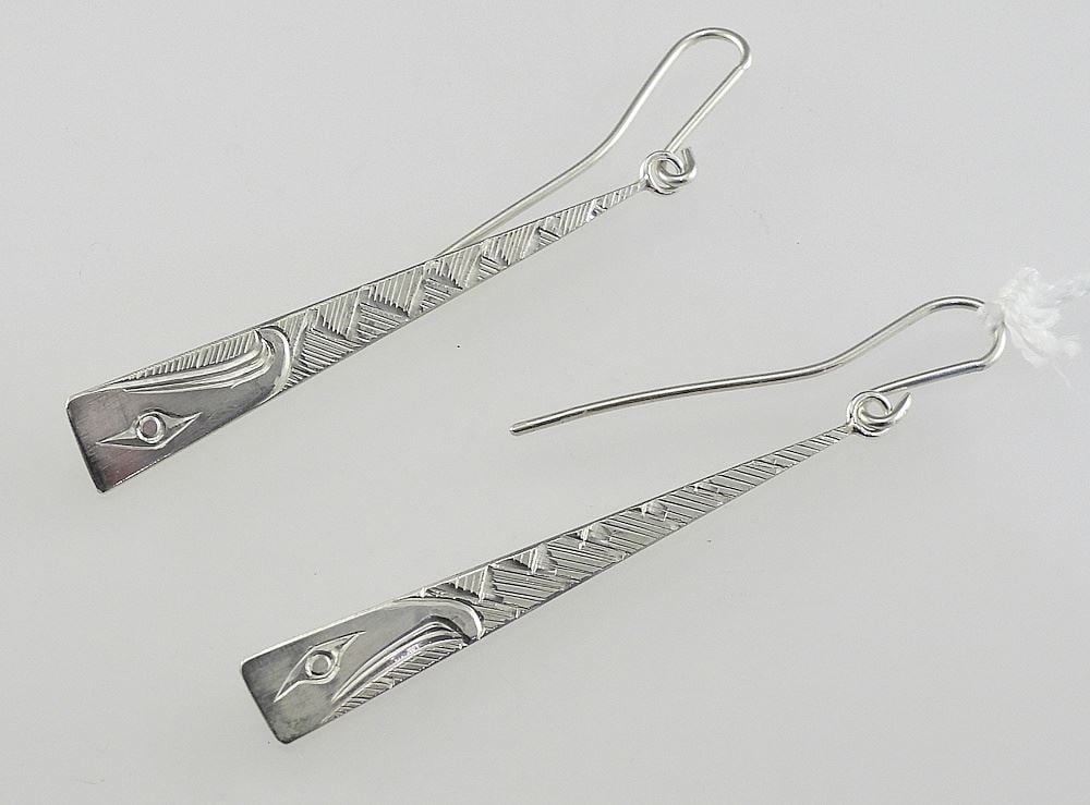 Pair of Musqueam/Squamish Silver Earrings Monogrammed JG (Jody Sparrow), 2"h, 5.3g.: Pair of Musqueam/Squamish Silver Earrings Monogrammed JG (Jody Sparrow), 2"h, 5.3g.