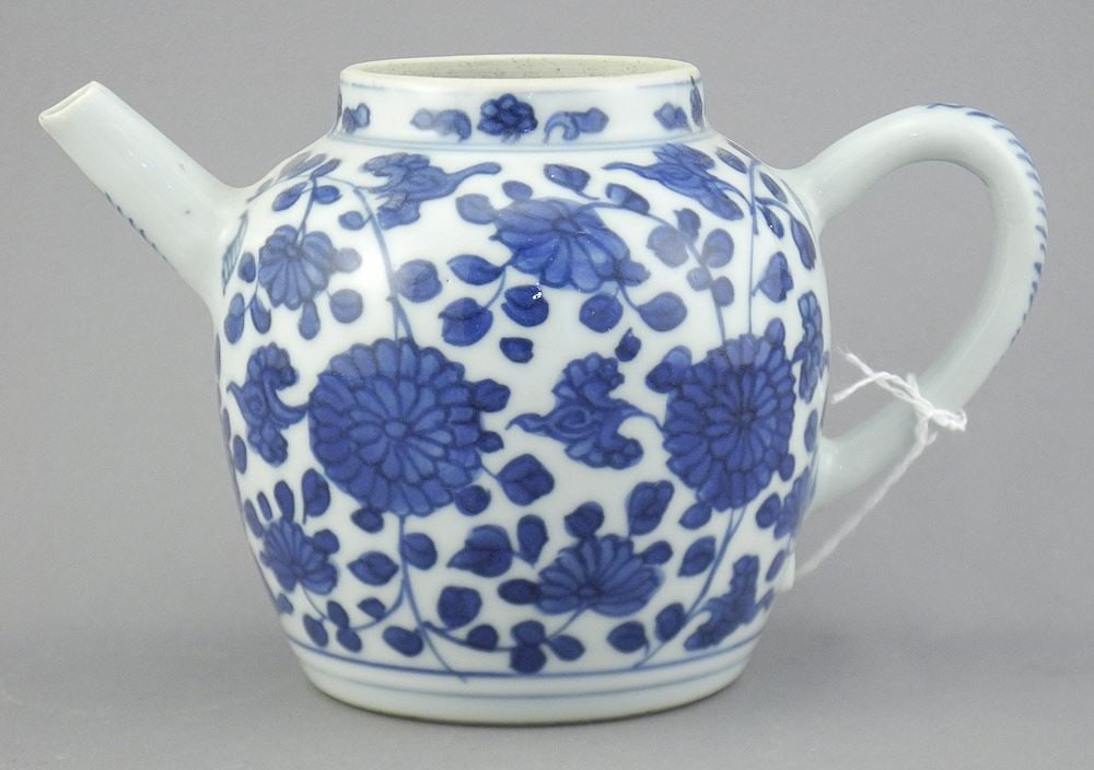 Kangxi Chinese Blue & White Blossom Decorated Teapot, 3 3/4"h.: Kangxi Chinese Blue & White Blossom Decorated Teapot, 3 3/4"h.