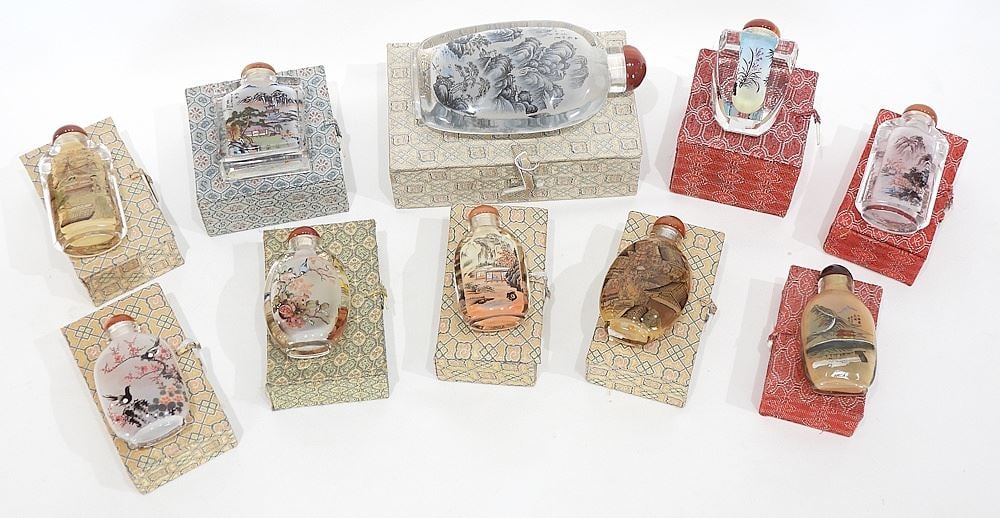 Collection of 10 Chinese Reverse Painted Glass Snuff Bottles, 3 1/2 - 6 1/2"h.: Collection of 10 Chinese Reverse Painted Glass Snuff Bottles, 3 1/2 - 6 1/2"h.