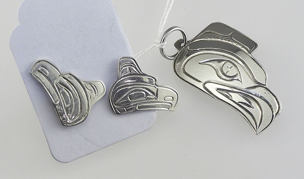 Northwest Coast Silver "Thunderbird" Pendant signed John Cennance & Unmarked Earrings.: Northwest Coast Silver "Thunderbird" Pendant signed John Cennance & Unmarked Earrings.