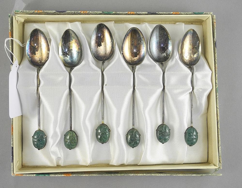 Set of Six "Hong Kong Silver" Jade Terminal Spoons, TW 45g.: Set of Six "Hong Kong Silver" Jade Terminal Spoons, TW 45g.